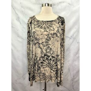 Peruvian Connection Tunic Swing Blouse Top L Boho Tan Black Lace Mandala Artsy